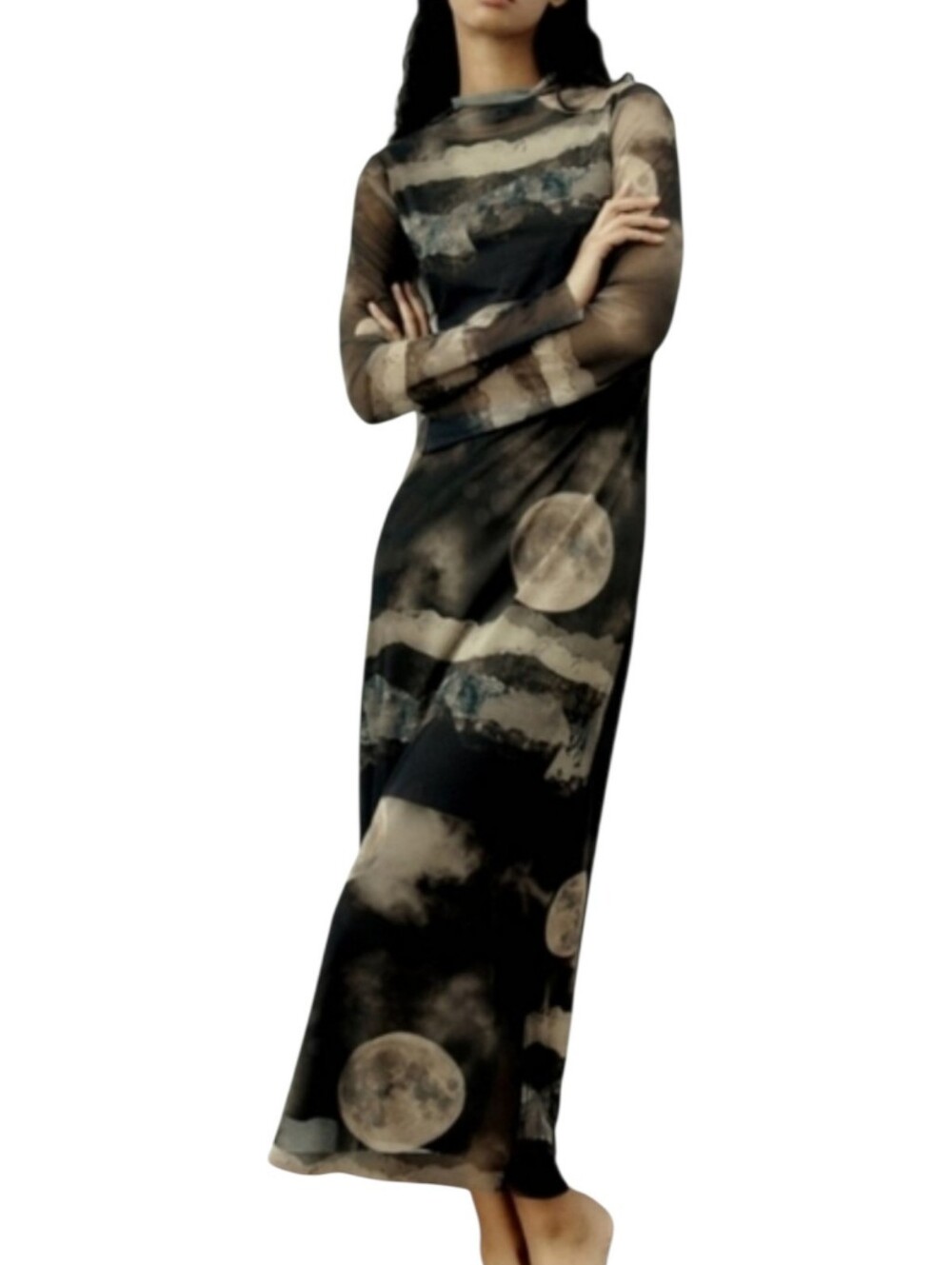 NWT ZARA Moon Print Tulle Maxi Dress Mesh Celestial Tik Tok Blogger Favorite S